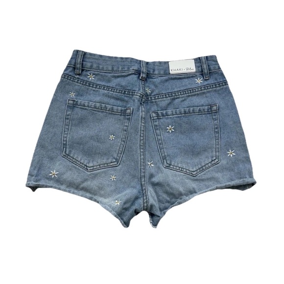 Khaki + Blue Daisy Cut Off Denim Shorts Women’s Juniors 3/26 Y2K Festival Jeans - Picture 3 of 10